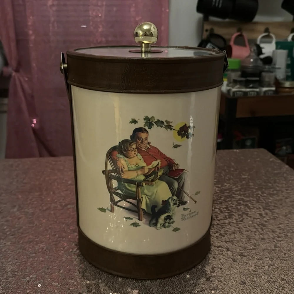 Vintage 1970s Normal Rockwell Double Sided Ice Bucket with Leather Trim MCM